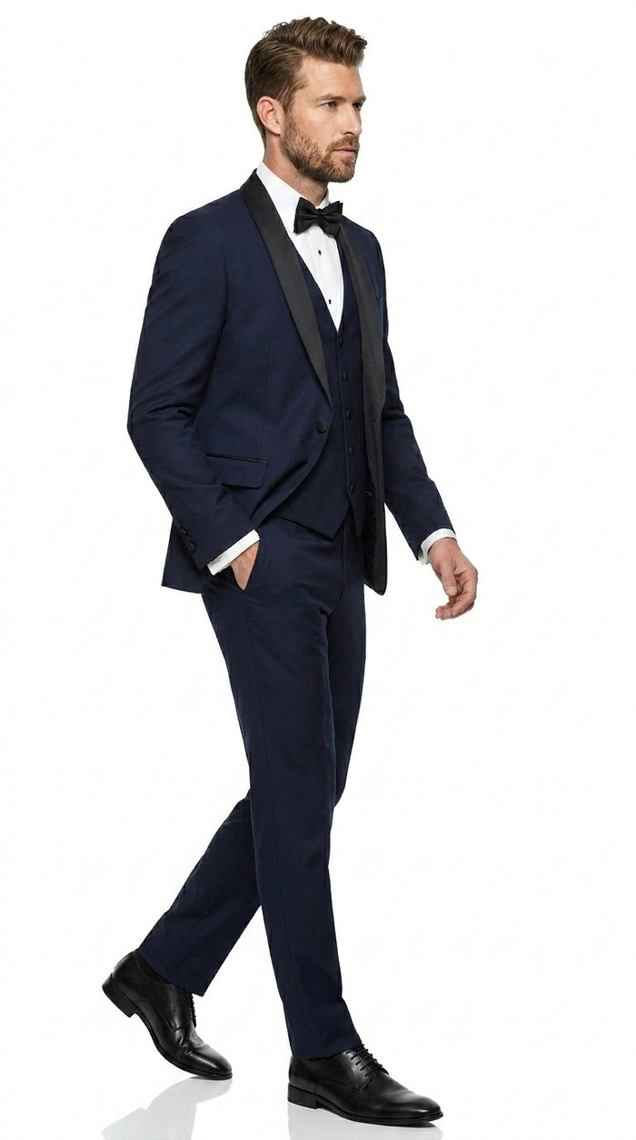 Men’s Navy Blue Vested Wool Tuxedo with 1 Button Jacket, Black Shawl Lapel and Matching Pants