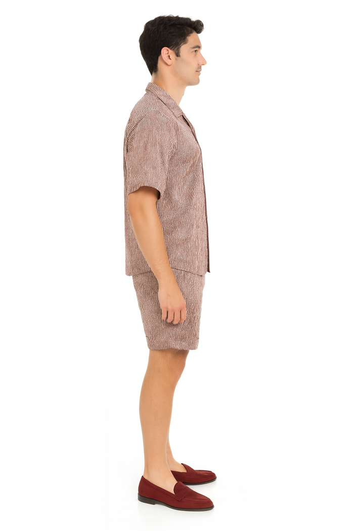 Men's Burgundy Reddish Seersucker Short Set Walking Suit - Two-Piece Cuffed Shorts with Expandable Waist