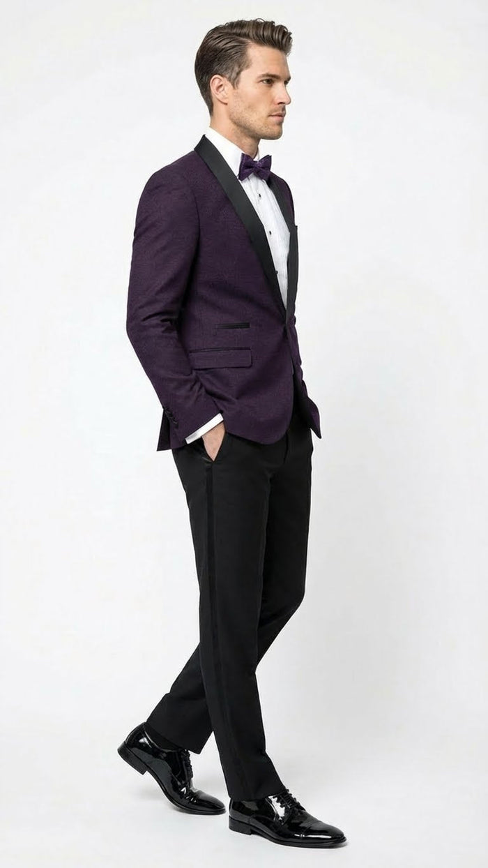 Men's Eggplant Plum Purple Tuxedo Blazer with Satin Lapel, White Tuxedo Shirt and Matching Purple Bow Tie - Slim Fitted - Prom wedding Suit With Pants