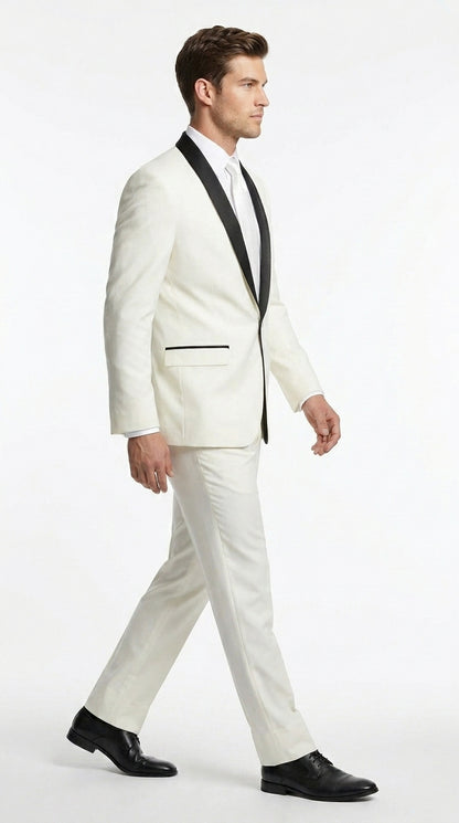 Men’s Ivory and Black Shawl Tuxedo Suit with Jacket and Pants, Formal Wedding Dinner Suit
