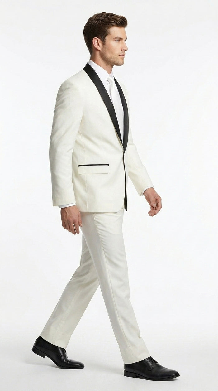 Men’s Ivory and Black Shawl Tuxedo Suit with Jacket and Pants, Formal Wedding Dinner Suit