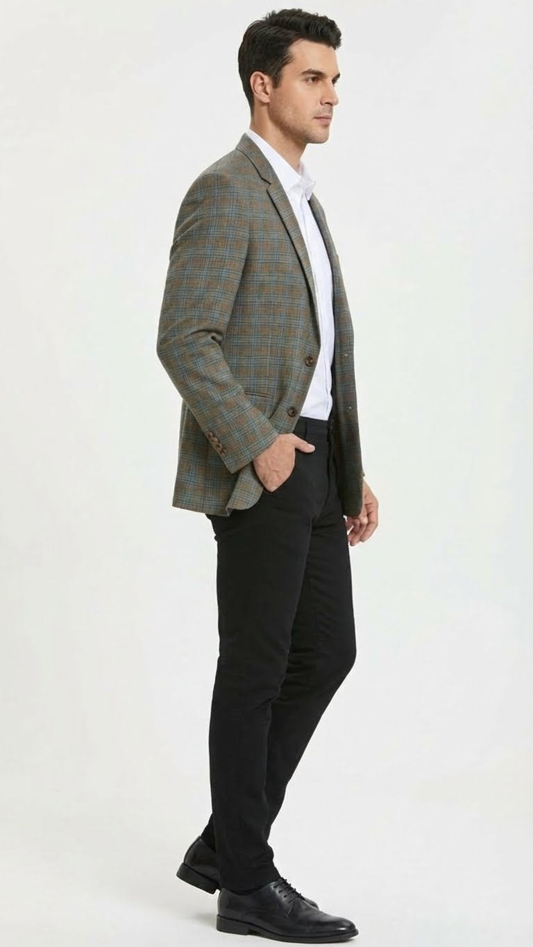 Mens Green Brown and Teal Plaid Sport Coat  Tailored Fit Check Blazer Jacket - Tartan Sportcoat