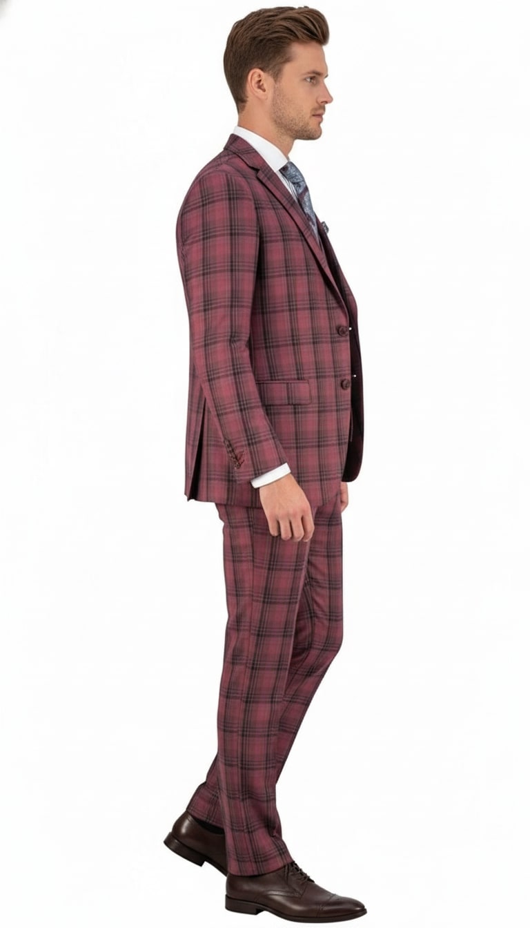 Mens Red Burgundy Plaid 3-Piece Suit  Classic Checkered Modern Fit Suit for Weddings, Church and Formal Events