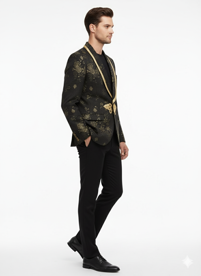 Mens Black and Gold Embroidered Luxury Blazer  Designer Floral Pattern Wedding & Party Jacket (Sim534)