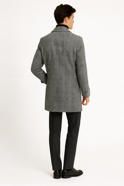 Mens Grey Plaid Double-Breasted Overcoat with Black Faux Fur Collar  Classic Winter Peacoat