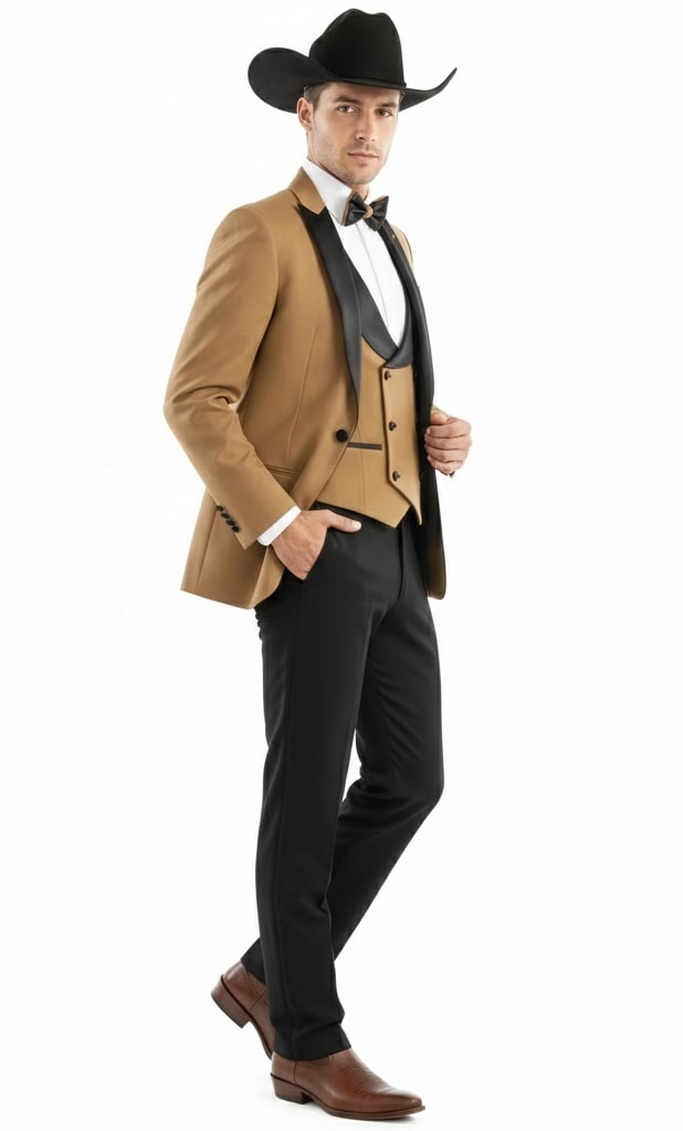 Mens Western Cowboy Tuxedo  Tan and Black 3-Piece Suit with Satin Lapel and Vest in Mocca Coffee Color