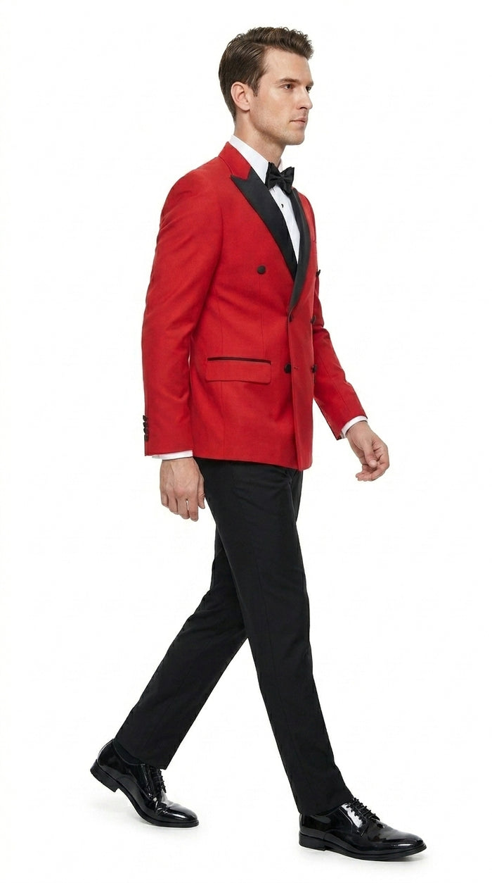 Men’s Red Double Breasted Wool Tuxedo with Black Lapel, Formal Wedding Prom Dinner Jacket