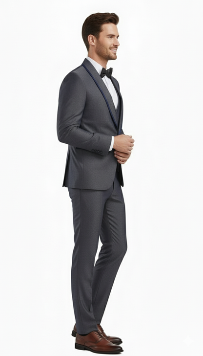Mens Charcoal Gray with blue Trim Slim Fit 3-Piece Suit  Modern Wedding and Business Formal Tuxedo Set