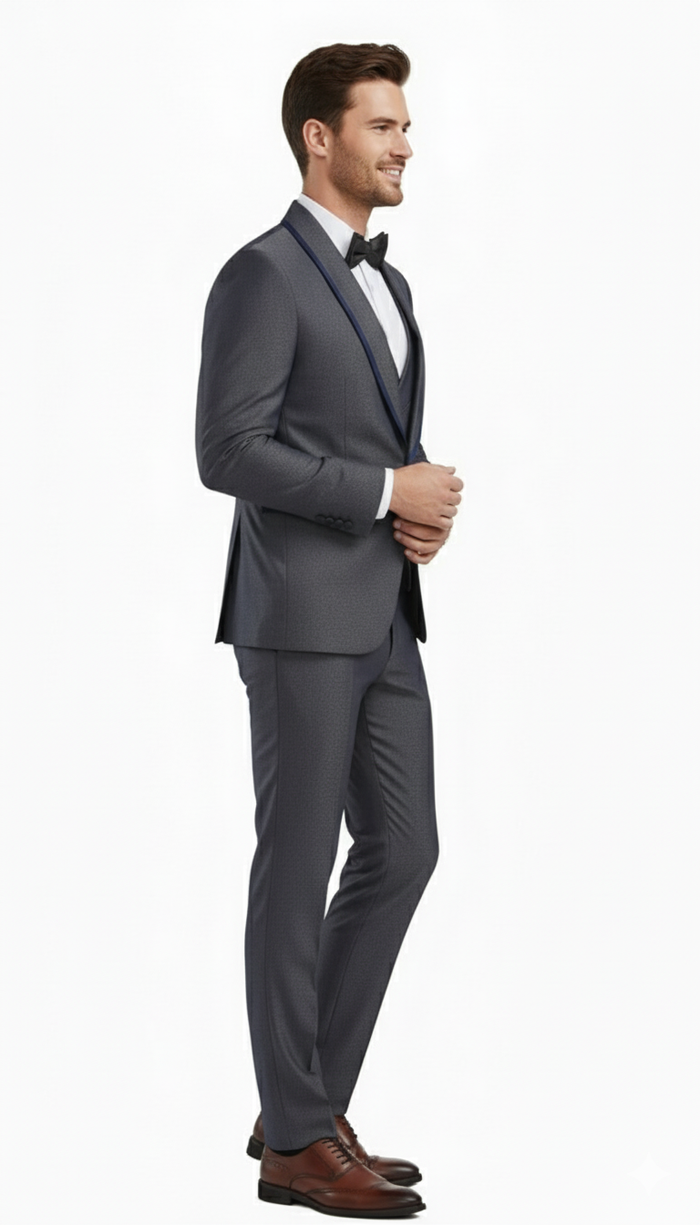 Mens Charcoal Gray with blue Trim Slim Fit 3-Piece Suit  Modern Wedding and Business Formal Tuxedo Set