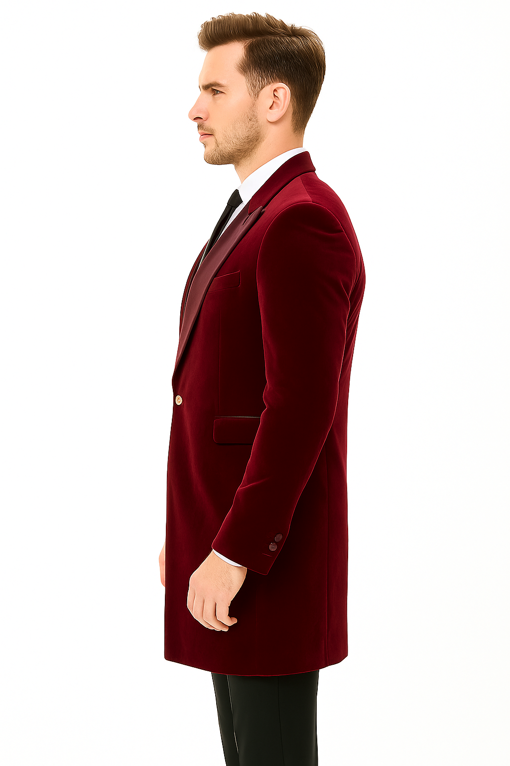 Men’s Burgundy Tuxedo in  Velvet  Long Blazer – Victorian Cutaway Tuxedo Suit 1920s Gangster Style Long Jacket with Black Pants