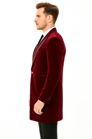 Mens Burgundy Tuxedo in  Velvet  Long Blazer  Victorian Cutaway Tuxedo Suit 1920s Gangster Style Long Jacket with Black Pants