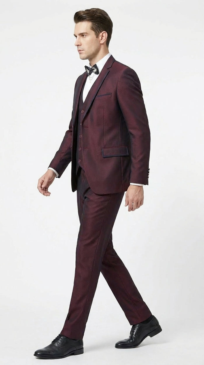 Men’s Burgundy Sharkskin Tuxedo with Satin Trim, Vested Formal Wedding and Prom Suit