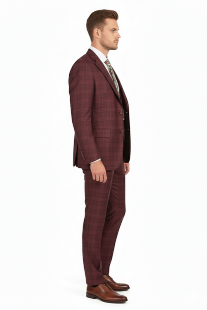 Mens Burgundy Checkered 3-Piece Suit  Windowpane Classic Fit Plaid Blazer with Vest and Pants