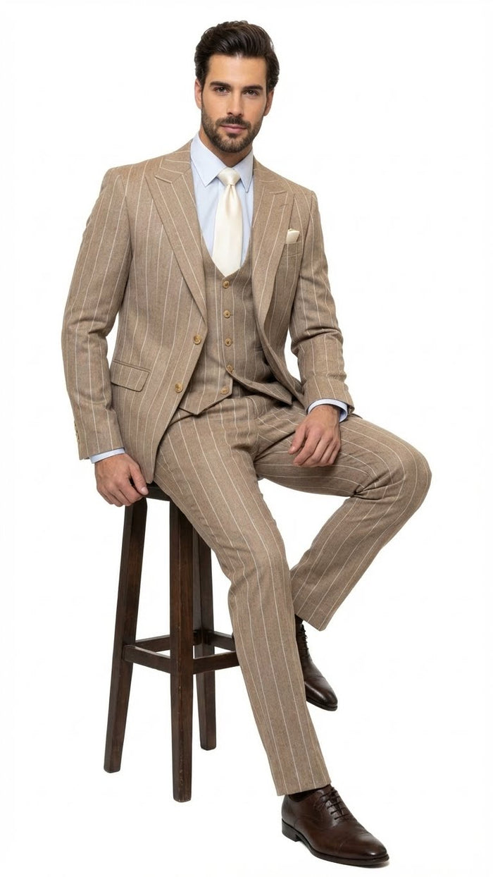 Men's Beige Pinstripe Three-Piece Vested Suit  Tailored Fit  Business Attire in Tan Stripe by Rossiman
