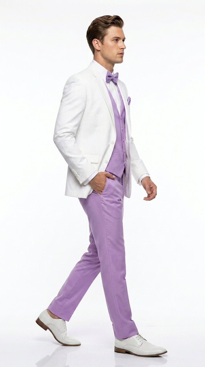 Men’s White and Lavender Tuxedo Wedding Suit with Dinner Jacket, Vest, Pants and Bow Tie