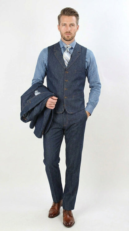 Men’s Pleated Pants Dark Blue Denim 3 Piece Suit – 100% Cotton Formal Suit Set, Blazer Vest Pants Outfit Classic Fit Athletic Fit Lose Fit