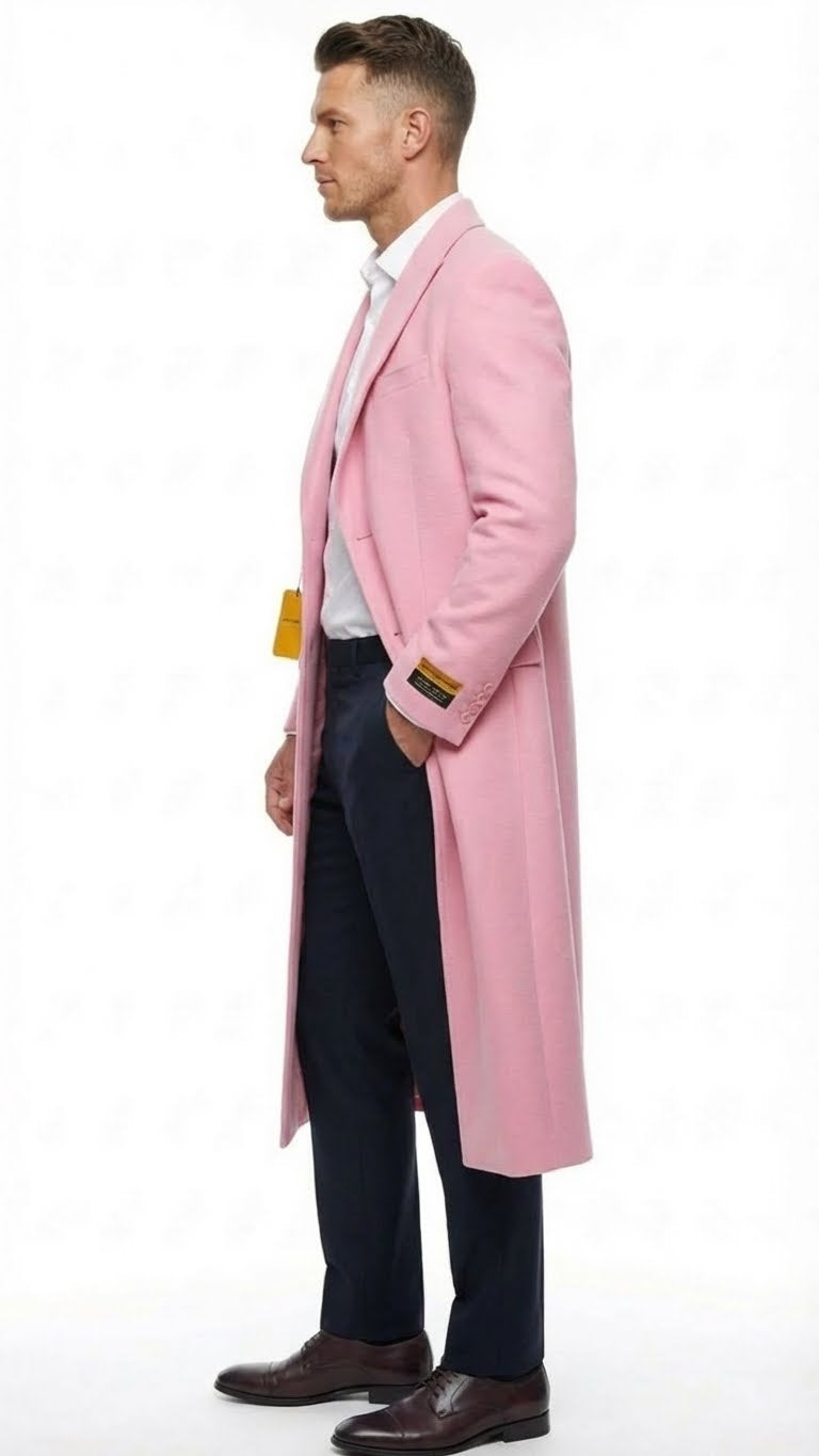Mens Pink Wool Blend Long Overcoat  Slim Fit Tailored Winter Coat - Carcoat - Topcoat