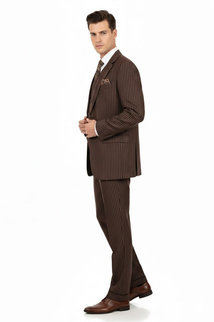 Mens Brown Pinstripe 3-Piece Suits  Classic Business and Formal Wear with Vest