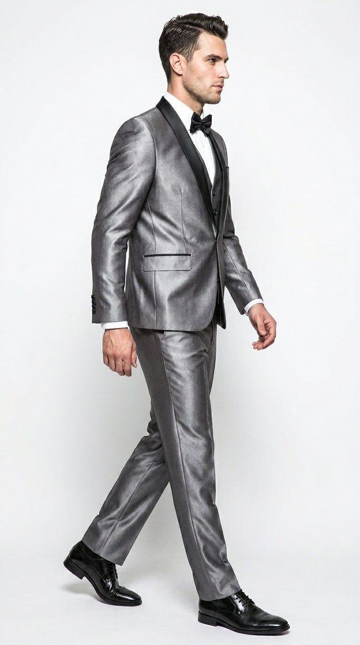 Men’s Silver Grey Sharkskin Vested Tuxedo with 1 Button Jacket, Shawl Lapel and Matching Pants