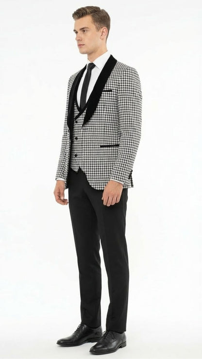 Mens Black and White Houndstooth Tuxedo Set with Velvet Shawl Lapel | 3-Piece Formal Suit with Double-Breasted Vest