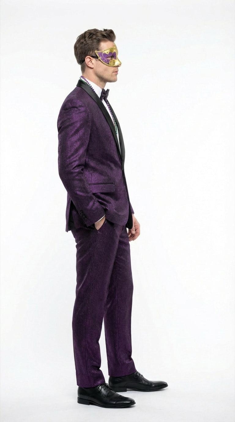 Mens Purple Shimmer Mardi Gras Suit with Black Satin Lapel – Shiny Metallic Formal Party and Carnival Suit Sequin Look