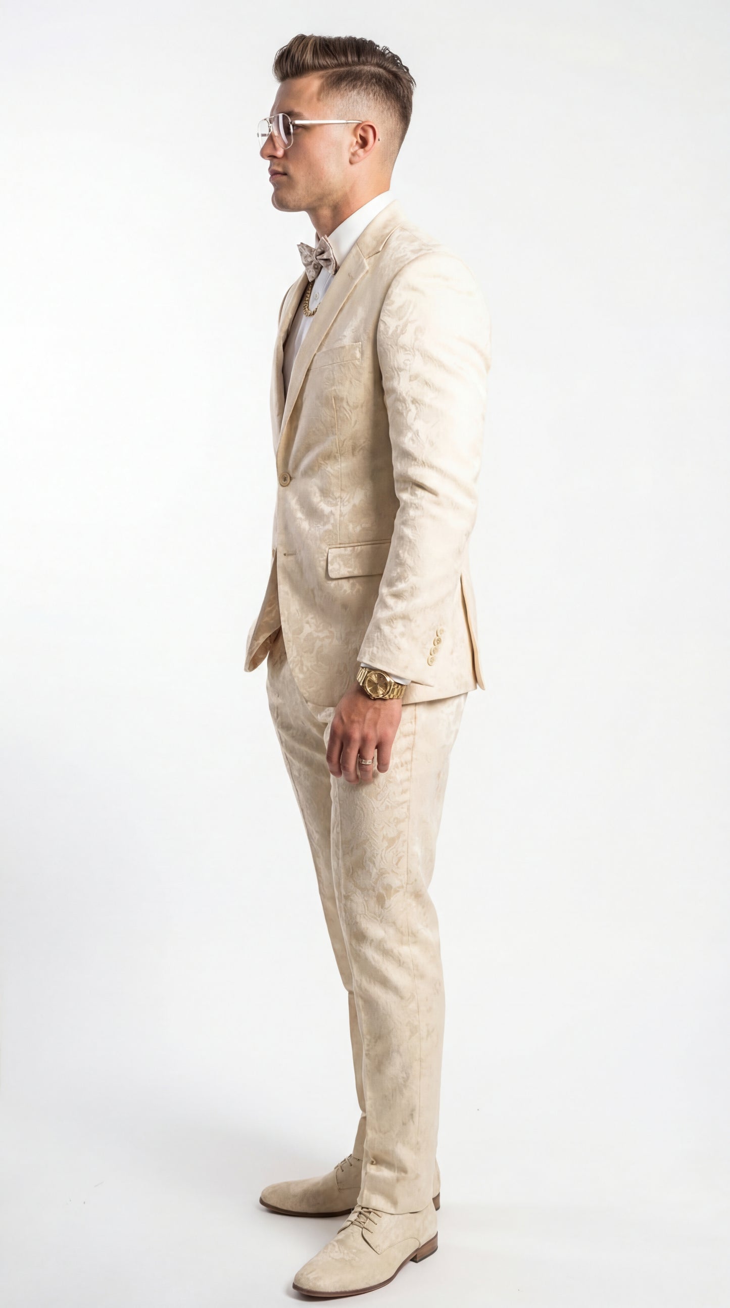 Mens 2 Button White with Gold Foil Floral Paisley Prom and Wedding Tuxedo