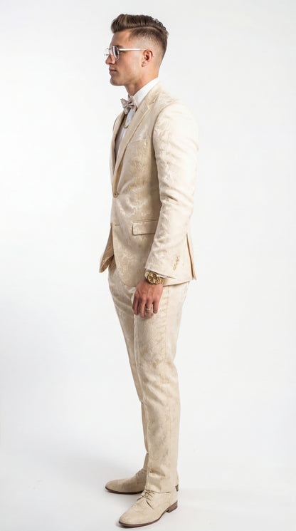 Mens 2 Button White with Gold Foil Floral Paisley Prom and Wedding Tuxedo