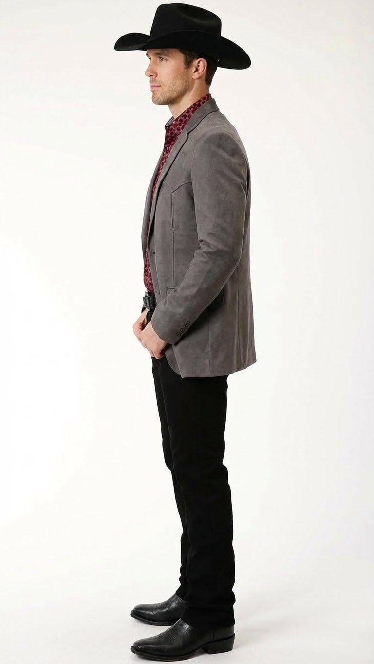 Men’s Charcoal Gray Western Faux Suede Blazer – Double Button Cowboy Jacket for Wedding & Party Wear