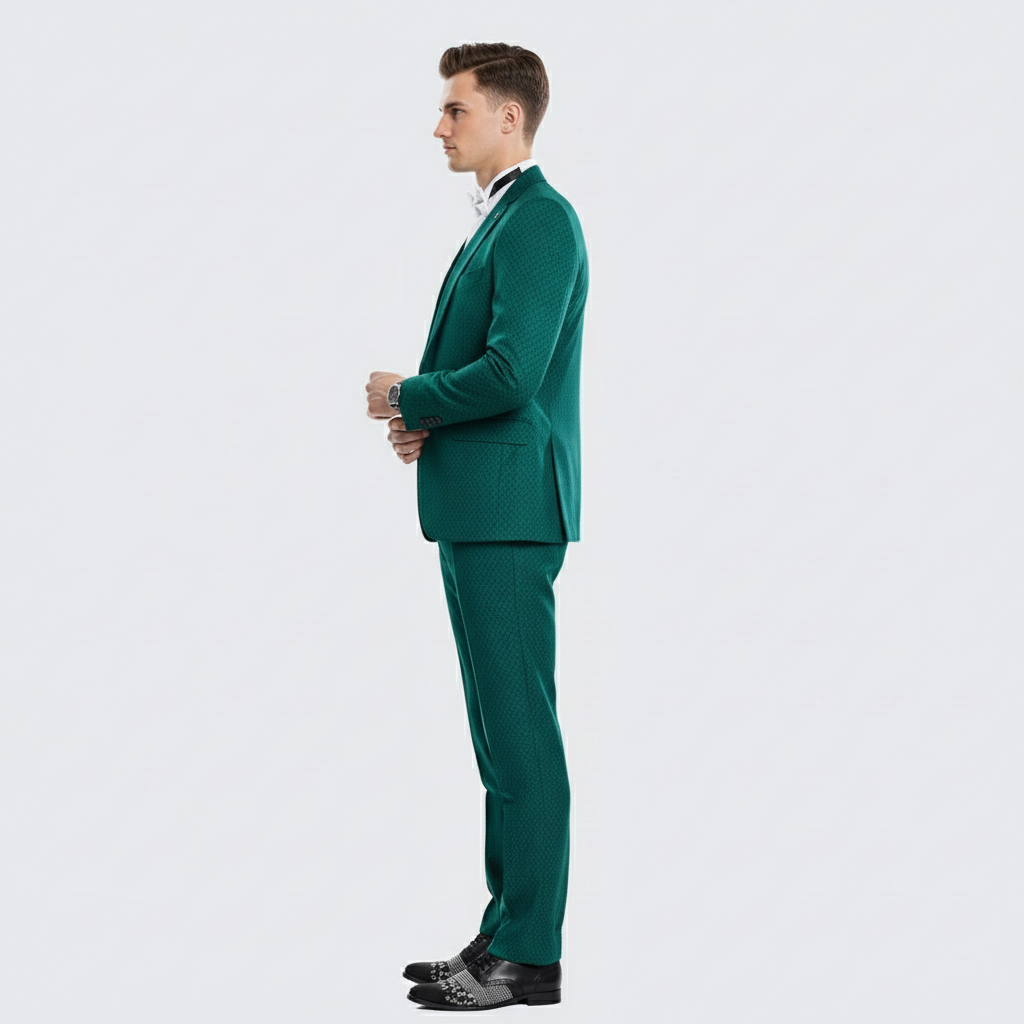 Mens Emerald Green Textured 3-Piece Suit  Polk Dot Pattern Formal Wedding, Prom, and Evening Wear Outfit