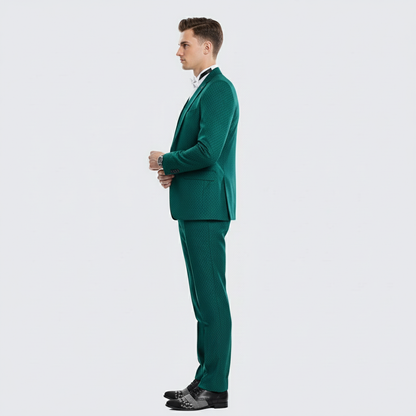 Mens Emerald Green Textured 3-Piece Suit  Polk Dot Pattern Formal Wedding, Prom, and Evening Wear Outfit