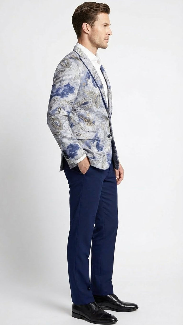 Mens Navy Blue and Gray Paisley Print Blazer Prom Jacket for Formal, Party, and Evening Wear