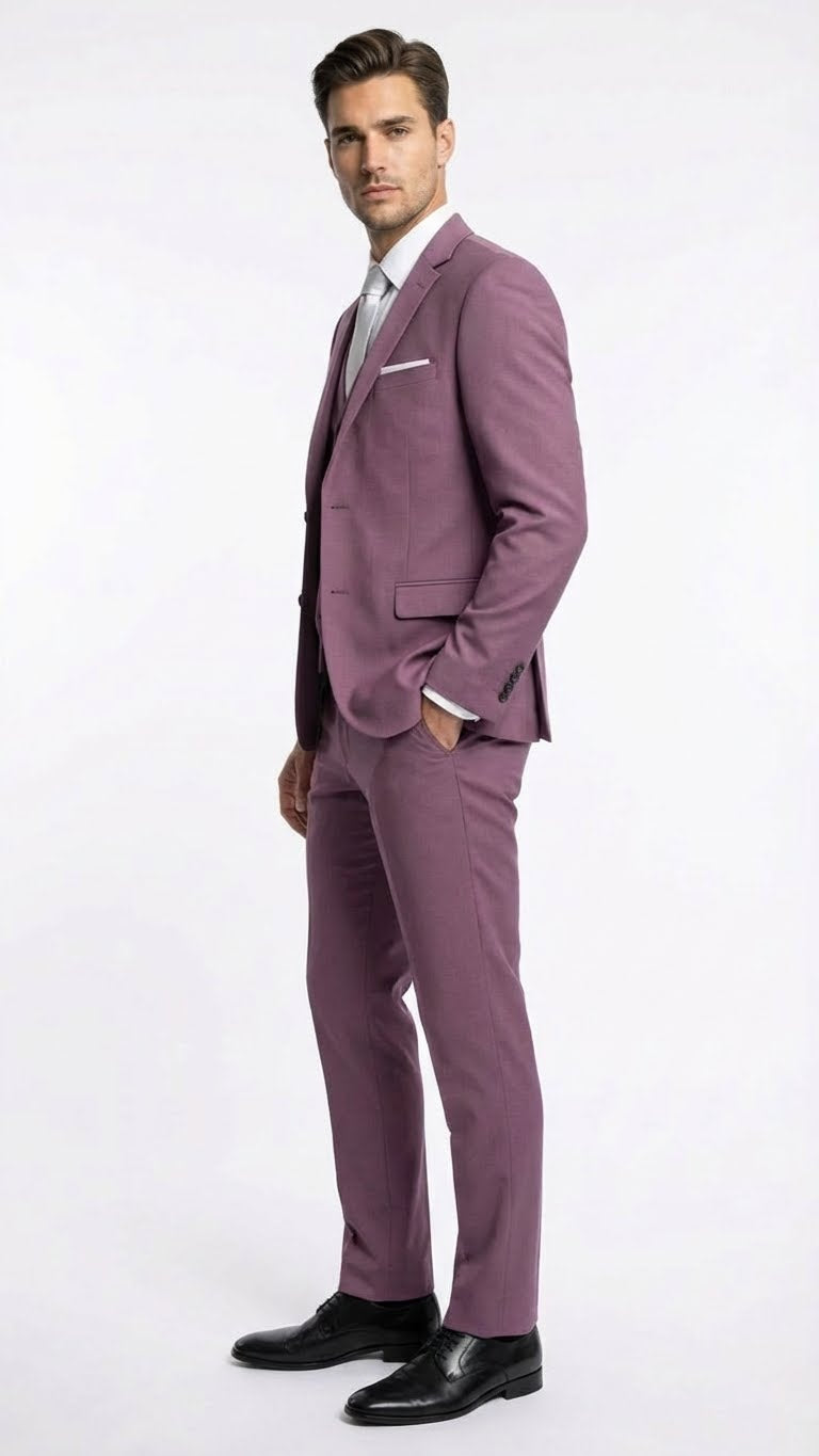 Mens Mauve Three-Piece Suit  Slim Fit Formal Blazer, Vest, and Trousers for Weddings Rose Gold Pinkish Color