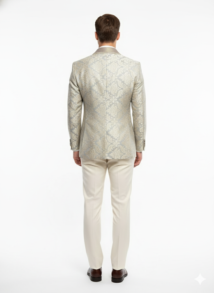 Mens Champaign Silver and Cream Embroidered Luxury Blazer  Floral Pattern Wedding & Party Dinner Jacket in Light Tan Color