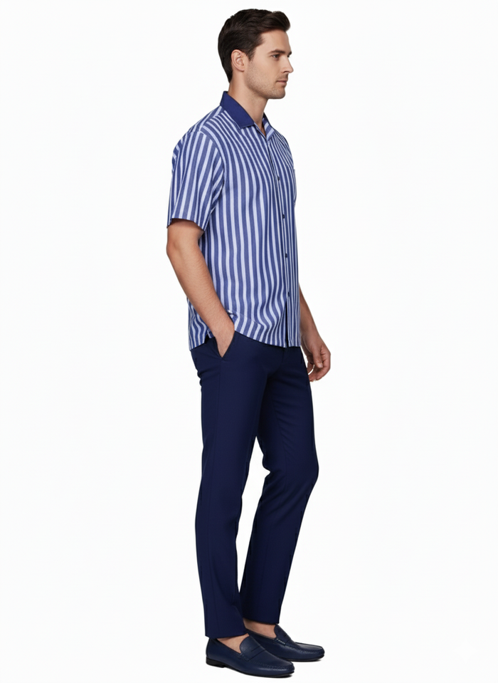 Men's Blue and White Vertical Stripe Short Sleeve Shirt Set - Casual Summer Two-Piece Outfit