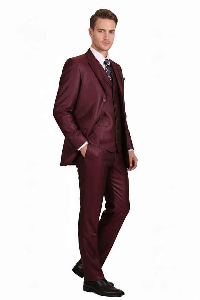 Mens Burgundy 3-Piece Suit  Burgundy Three Buttons Vested Suit - Pleated Pants Classic Fit Athletic Cut