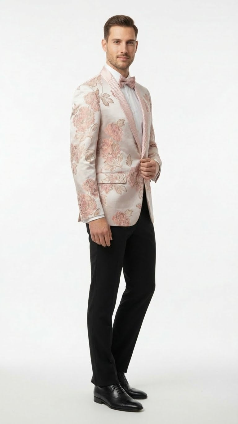 Mens Pink Blush Floral Jacquard Blazer with Embellished Shawl Lapel  Luxury Party and Wedding Wear Jacket