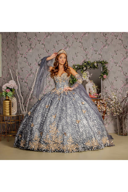 3D Butterfly Bell Sleeve Ball Gown by GLS Gloria GL3318 - Quinceanera Dresses