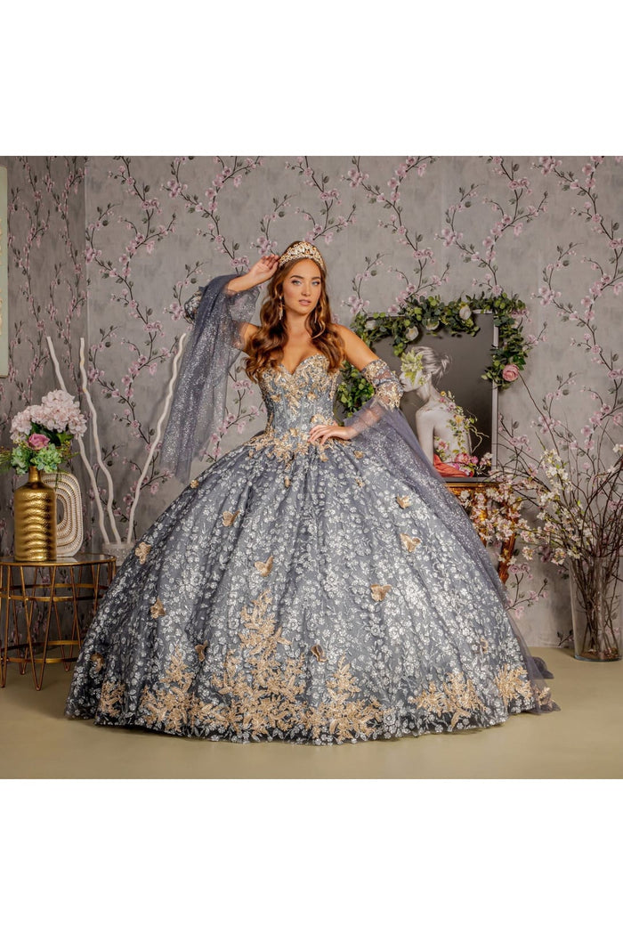 3D Butterfly Bell Sleeve Ball Gown by GLS Gloria GL3318