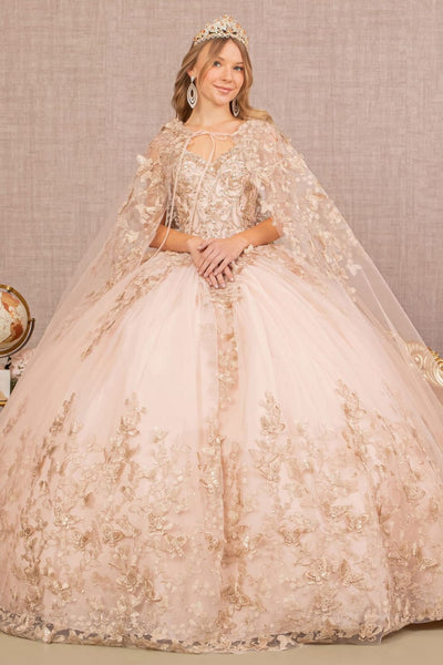 3D Butterfly Cape Ball Gown by Elizabeth K GL3104 - XS / Rose Gold - Quinceanera Dresses
