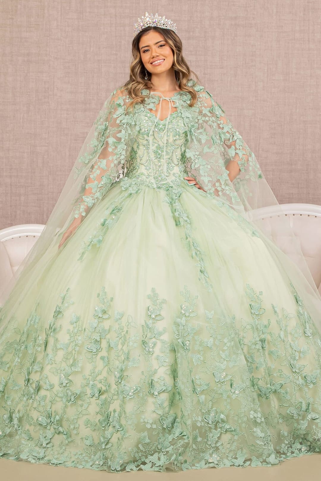 3D Butterfly Cape Ball Gown by Elizabeth K GL3104 - XS / Sage - Quinceanera Dresses