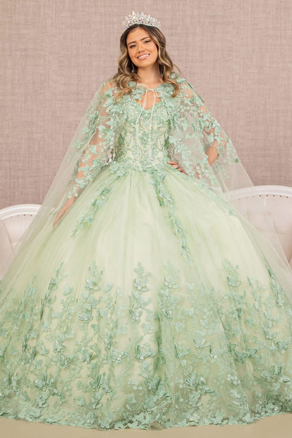 3D Butterfly Cape Ball Gown by Elizabeth K GL3104 - XS / Sage - Quinceanera Dresses