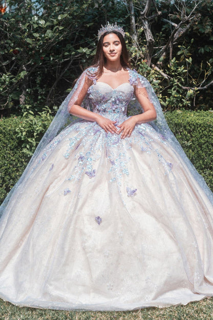 3D Butterfly Cape Ball Gown by GLS Gloria GL3501 - XS / Lilac/Champagne - Quinceanera Dresses