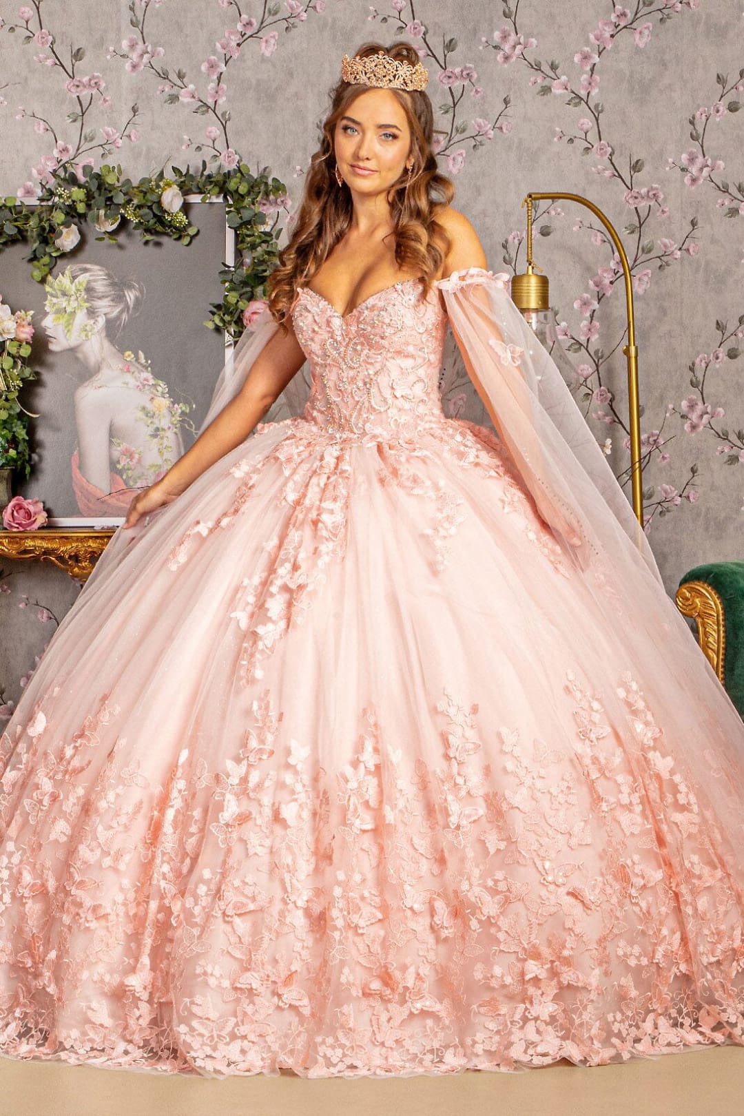 3D Butterfly Cape Sleeve Ball Gown by Elizabeth KGL3110