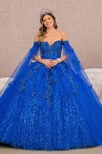 3D Butterfly Cape Sleeve Ball Gown by Elizabeth K GL3111 - XS / Royal Blue - Quinceanera Dresses