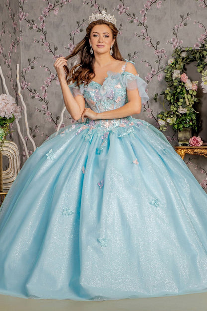3D Butterfly Cold Shoulder Ball Gown by GLS Gloria GL3483 - XS / Baby Blue - Quinceanera Dresses