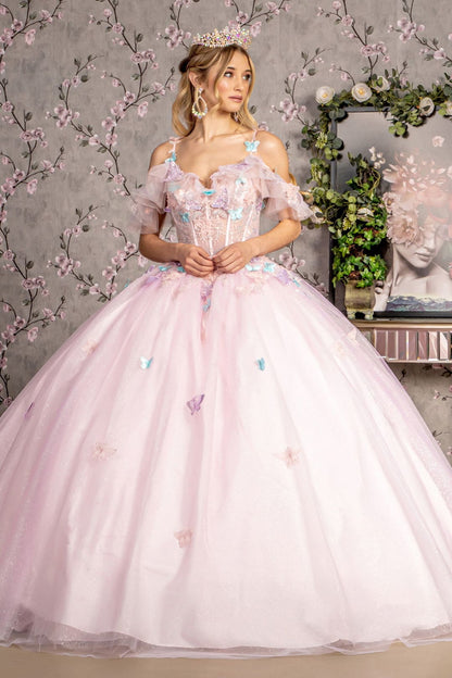 3D Butterfly Cold Shoulder Ball Gown by GLS Gloria GL3483 - XS / Pink - Quinceanera Dresses