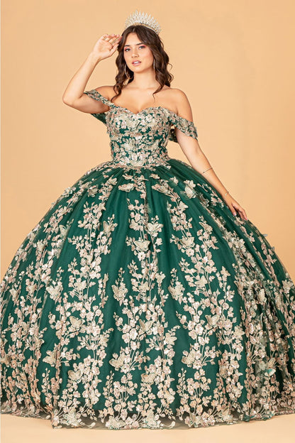 3D Butterfly Off Shoulder Ball Gown by Elizabeth K GL3077 - XS / Green - Quinceanera Dresses