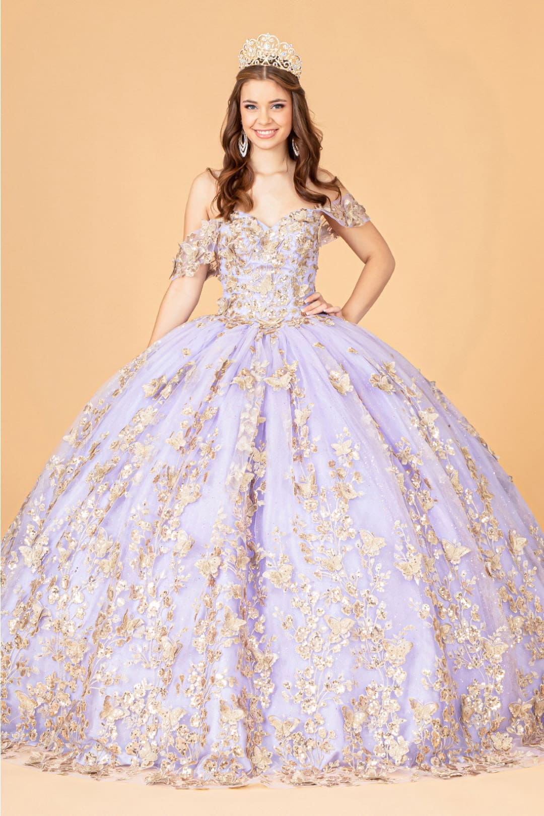 3D Butterfly Off Shoulder Ball Gown by Elizabeth K GL3077 - XS / Lilac - Quinceanera Dresses