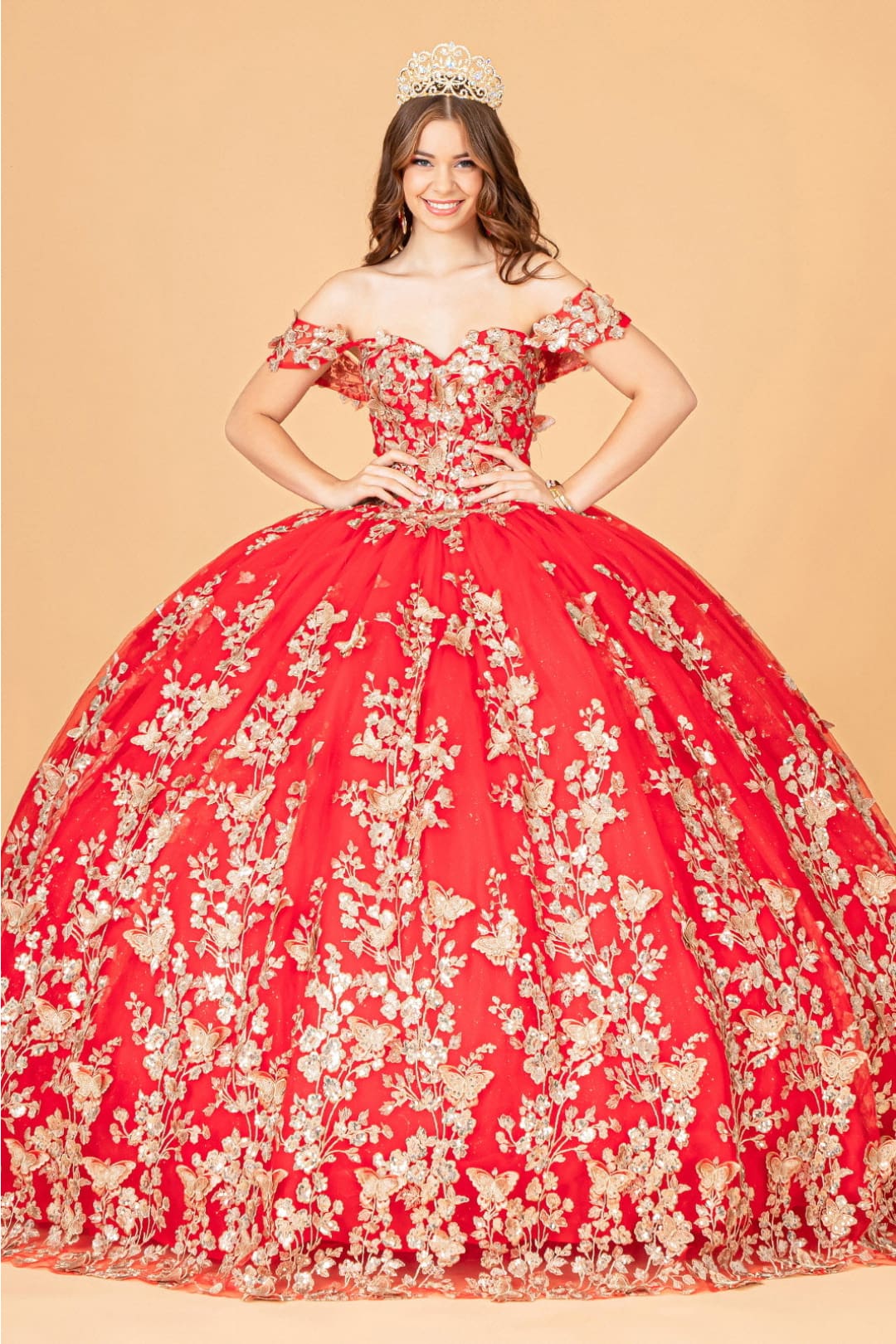 3D Butterfly Off Shoulder Ball Gown by Elizabeth K GL3077 - XS / Red - Quinceanera Dresses