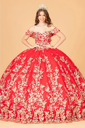 3D Butterfly Off Shoulder Ball Gown by Elizabeth K GL3077 - XS / Red - Quinceanera Dresses